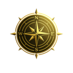 Golden compass rose emblem glowing with a yellow halo on a dark background.