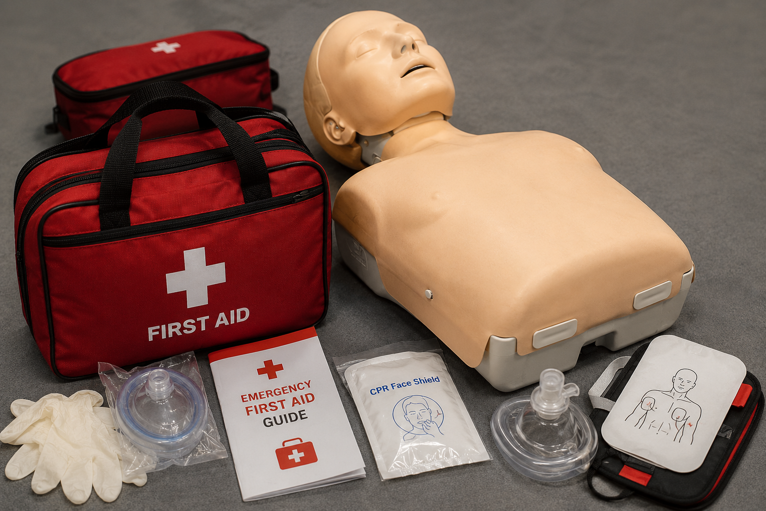 Red first aid bag with a white cross labeled FIRST AID beside a CPR manikin on a gray floor, plus gloves and medical supplies nearby.