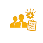 Two orange professional silhouettes with a gear displaying a white medical cross and a tilted clipboard checklist, symbolizing health operations.