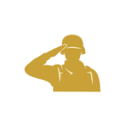 Silhouetted soldier in helmet saluting, glowing yellow outline against a dark gradient background